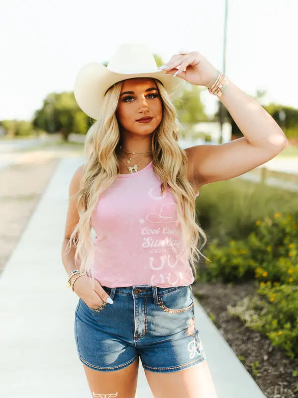 The Cadence Pink Mineral Wash Cowgirl Printed Trim Detail Tank Top