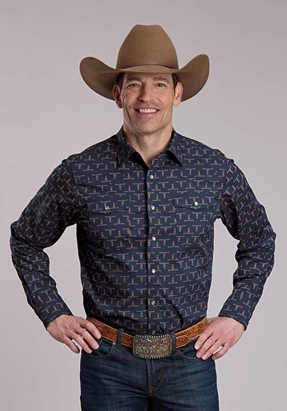 Roper 3287 Longhorn Print (Blue) - Men's Western Shirt