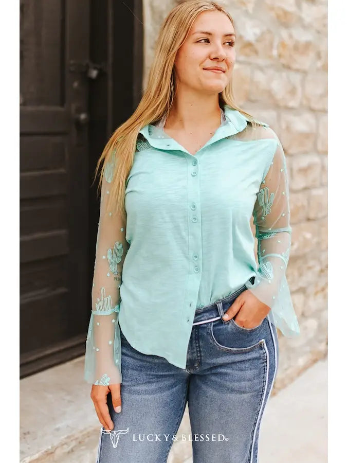 The Desert Bloom Yoke Top — Mint Cactus Embroidered Mesh Sleeve Western Blouse