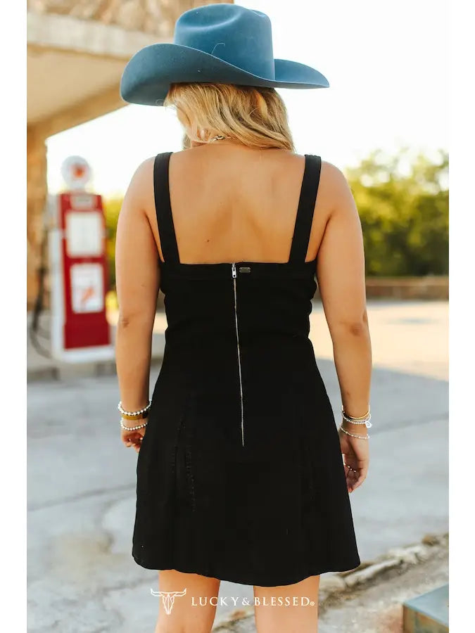 The Samantha Black Ivory Embroidered Buckle Tank Denim Stretch Dress