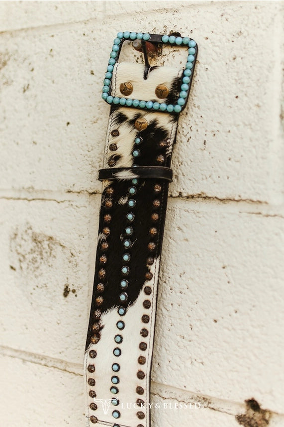 Black Cowhide Turquoise Stone Leather Wide Belt