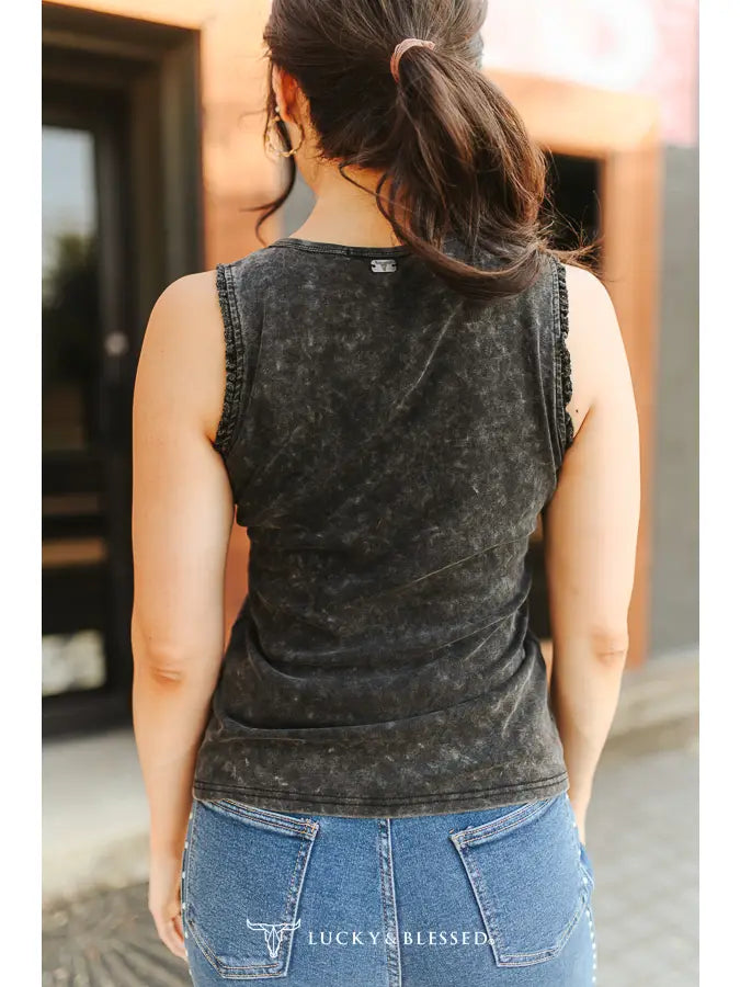 The Campbell Black Mineral Wash Rodeo Printed Trim Detail Tank Top