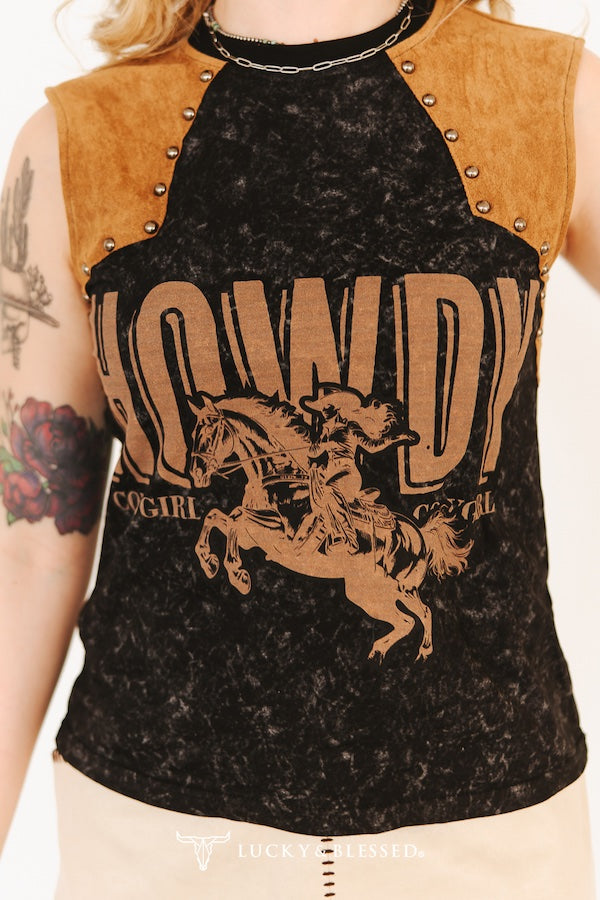 The Boy Howdy Black Mineral Wash Studded Tank