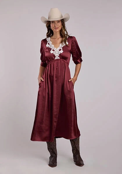 Stetson 2917 Lace Neckline (Wine) - Women's Satin Dress