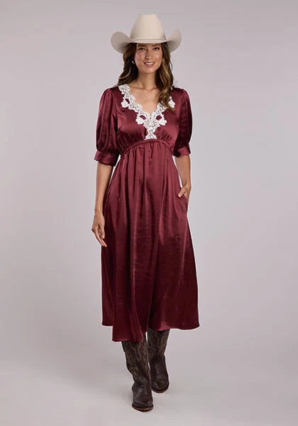 Stetson 2917 Lace Neckline (Wine) - Women's Satin Dress