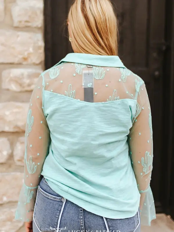 The Desert Bloom Yoke Top — Mint Cactus Embroidered Mesh Sleeve Western Blouse