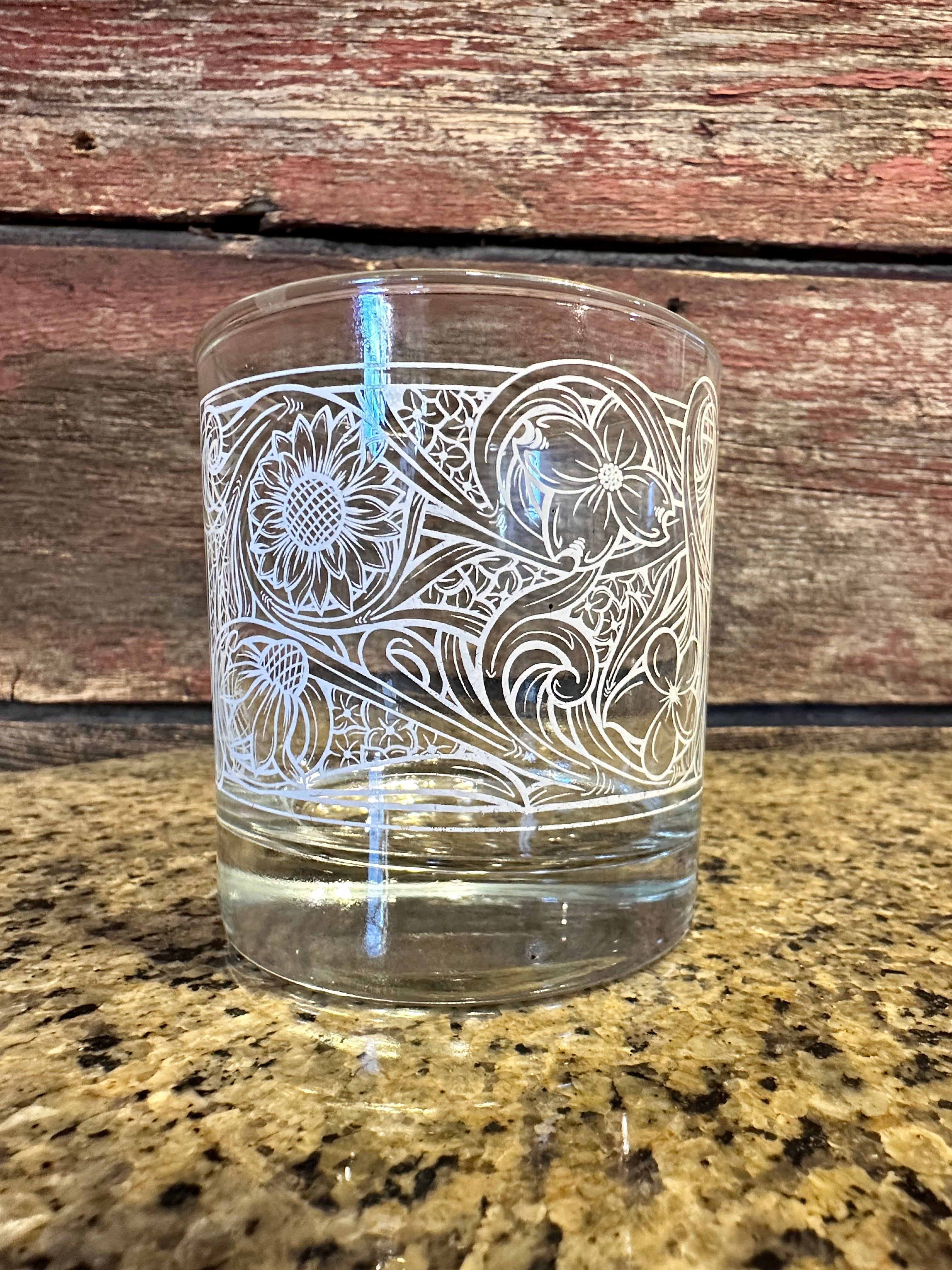 On the Rocks Glass; Floral Tooled Design