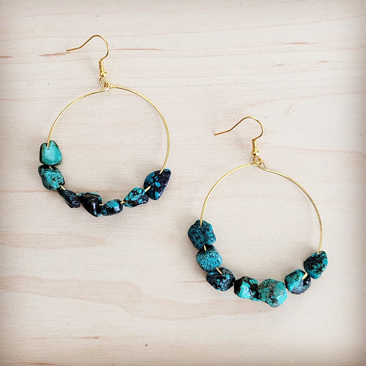Beaded Hoop Earrings- Genuine Natural Turquoise Stones 200bi