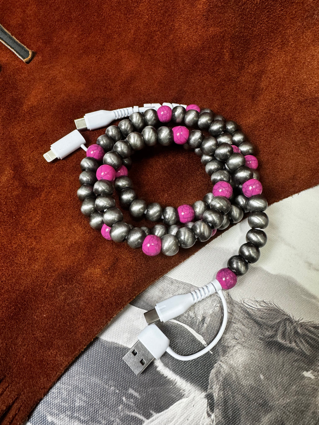 4-Way Faux Pearl Beaded Phone Charger - Pink