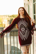 The Calliope Wine & Ivory Aztec Fringe Knit Dress