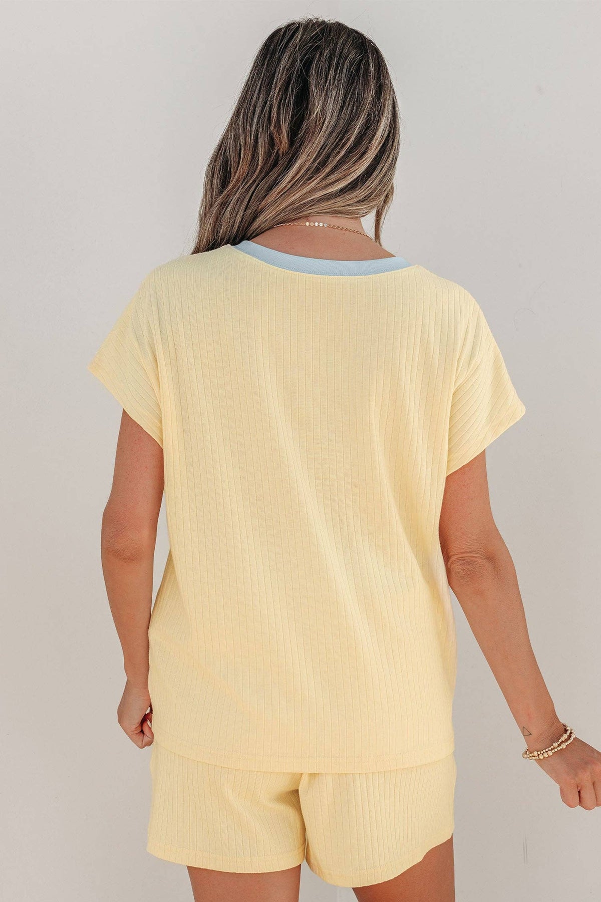 The Chandler Yellow Cream Ribbed Knit Two Piece Set Sequin Horse Casual Short Set