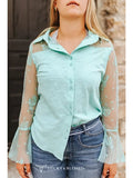The Desert Bloom Yoke Top — Mint Cactus Embroidered Mesh Sleeve Western Blouse