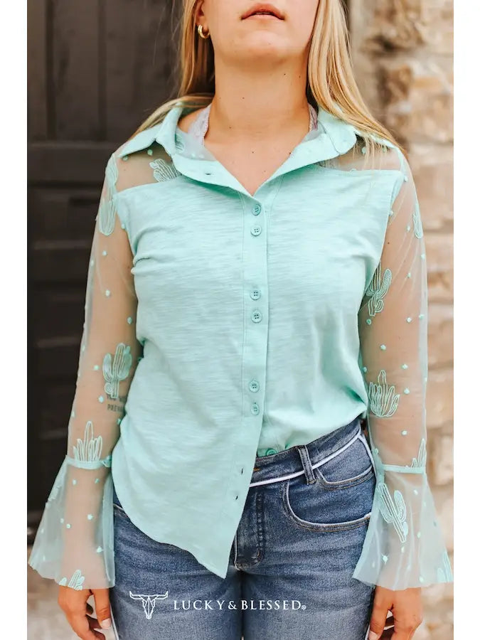 The Desert Bloom Yoke Top — Mint Cactus Embroidered Mesh Sleeve Western Blouse