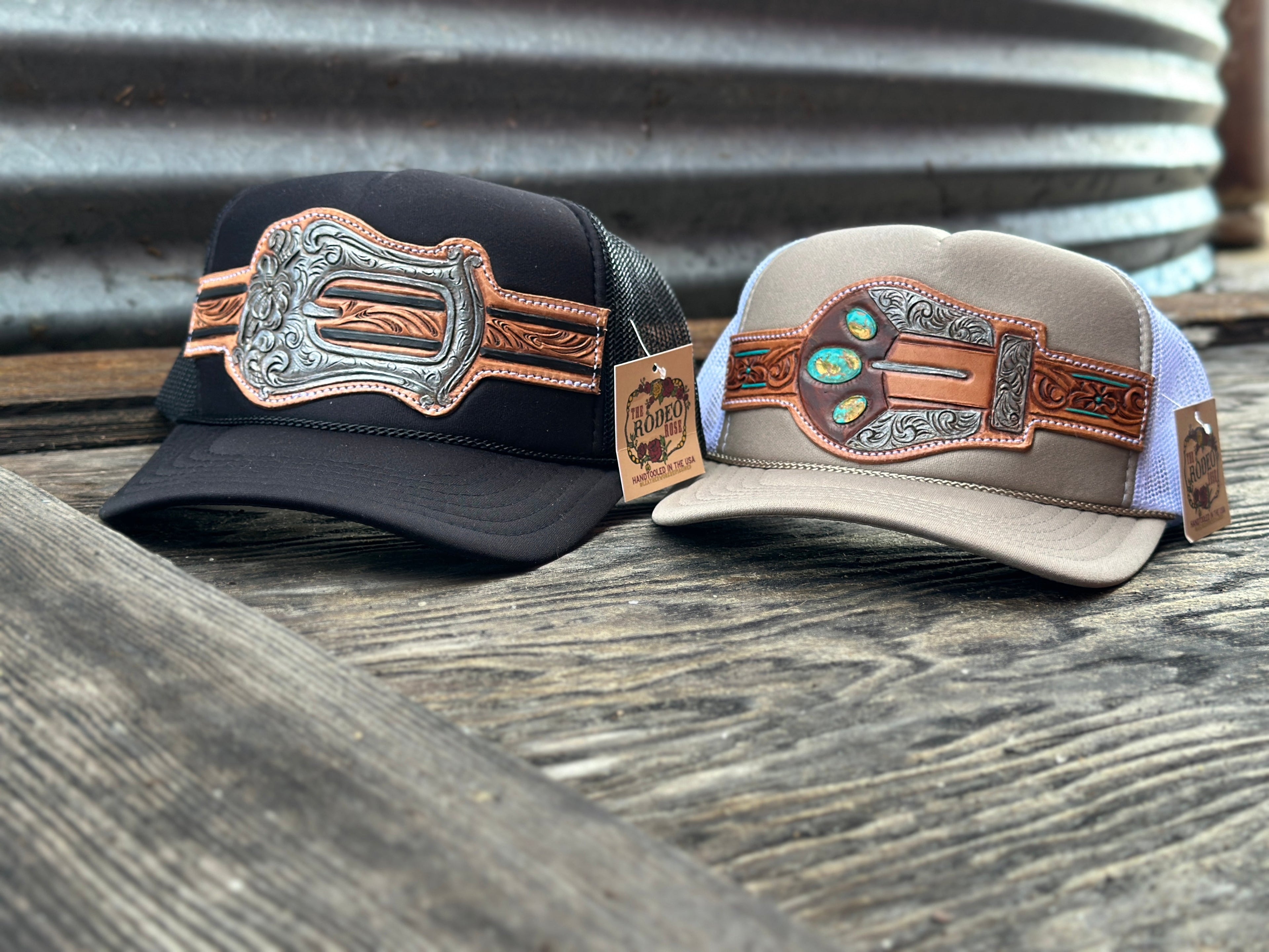 Silver Buckle Handtooled Leather Patch Cap