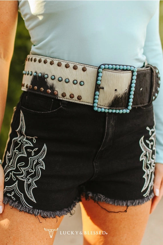Black Cowhide Turquoise Stone Leather Wide Belt