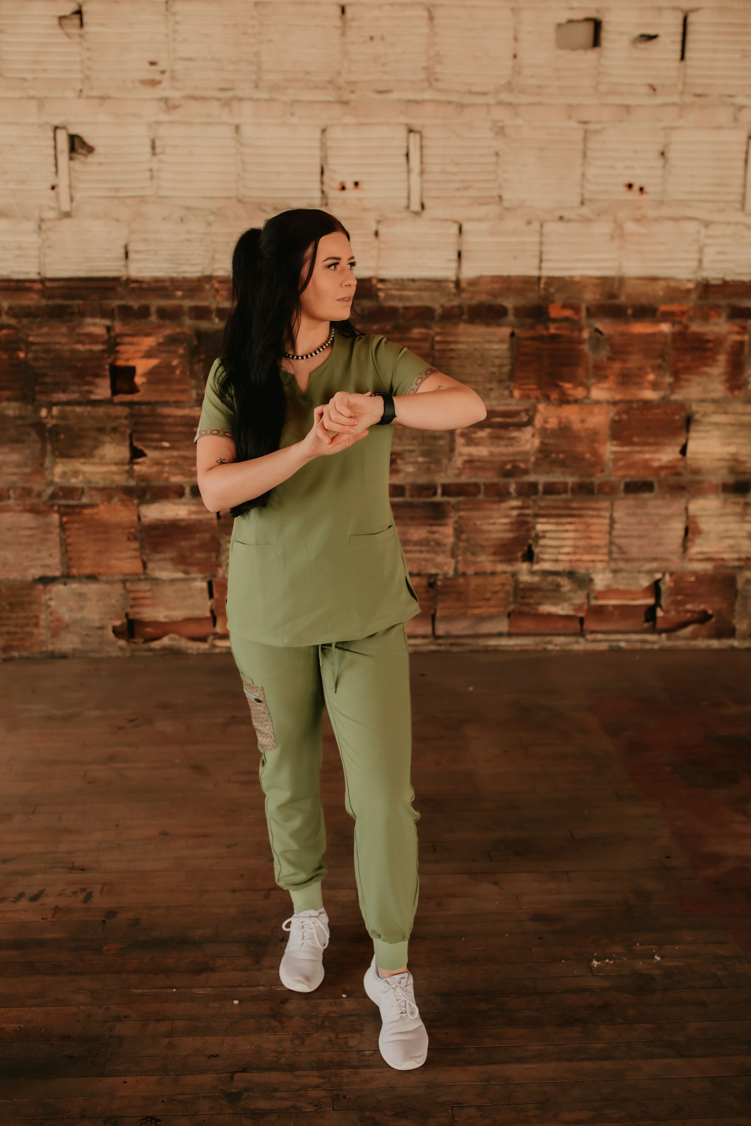 Simple Olive Green Aztec Scrub Top | Spurrin’ Scrubs