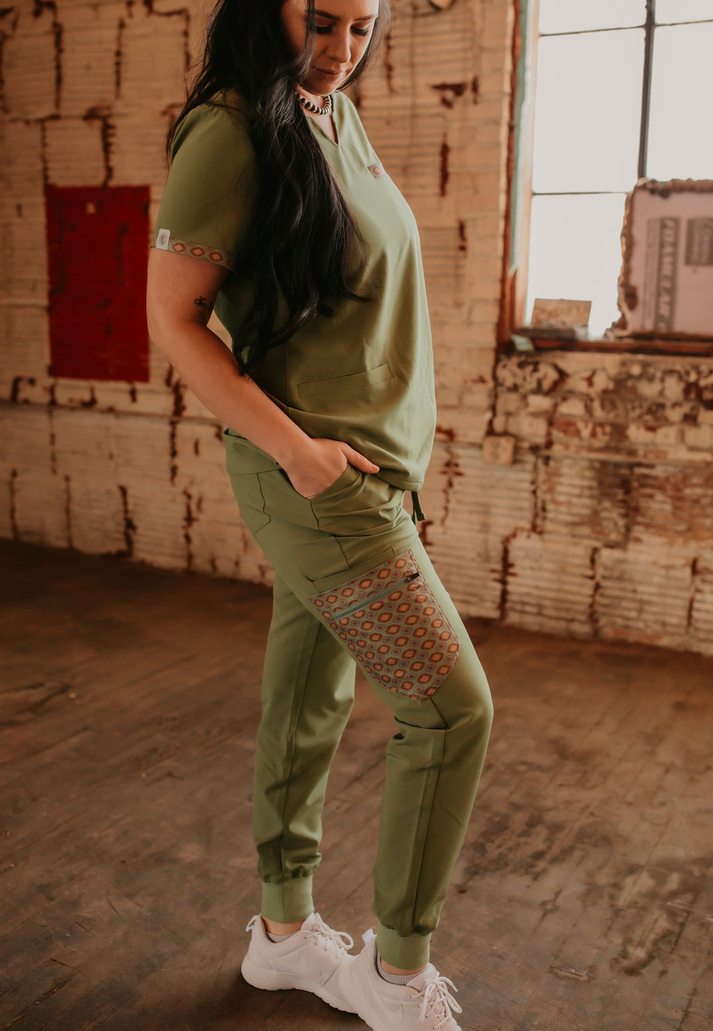 Olive Green Aztec Scrub Pants | Spurrin’ Scrubs