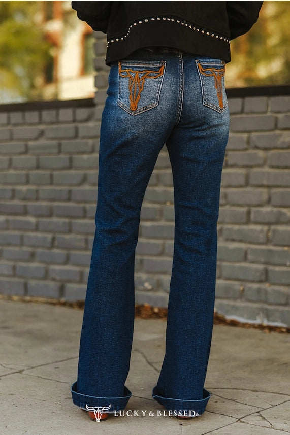 L&B Logo Mid Wash High Rise Bootcut Jeans