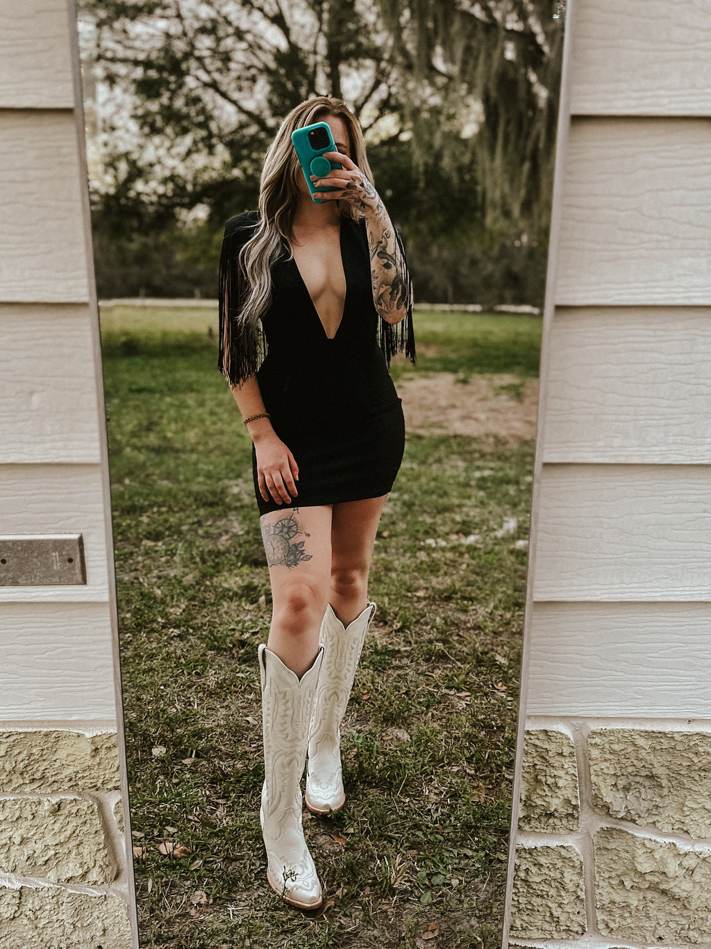 The Dallas Fringe Deep Neck Mini Dress