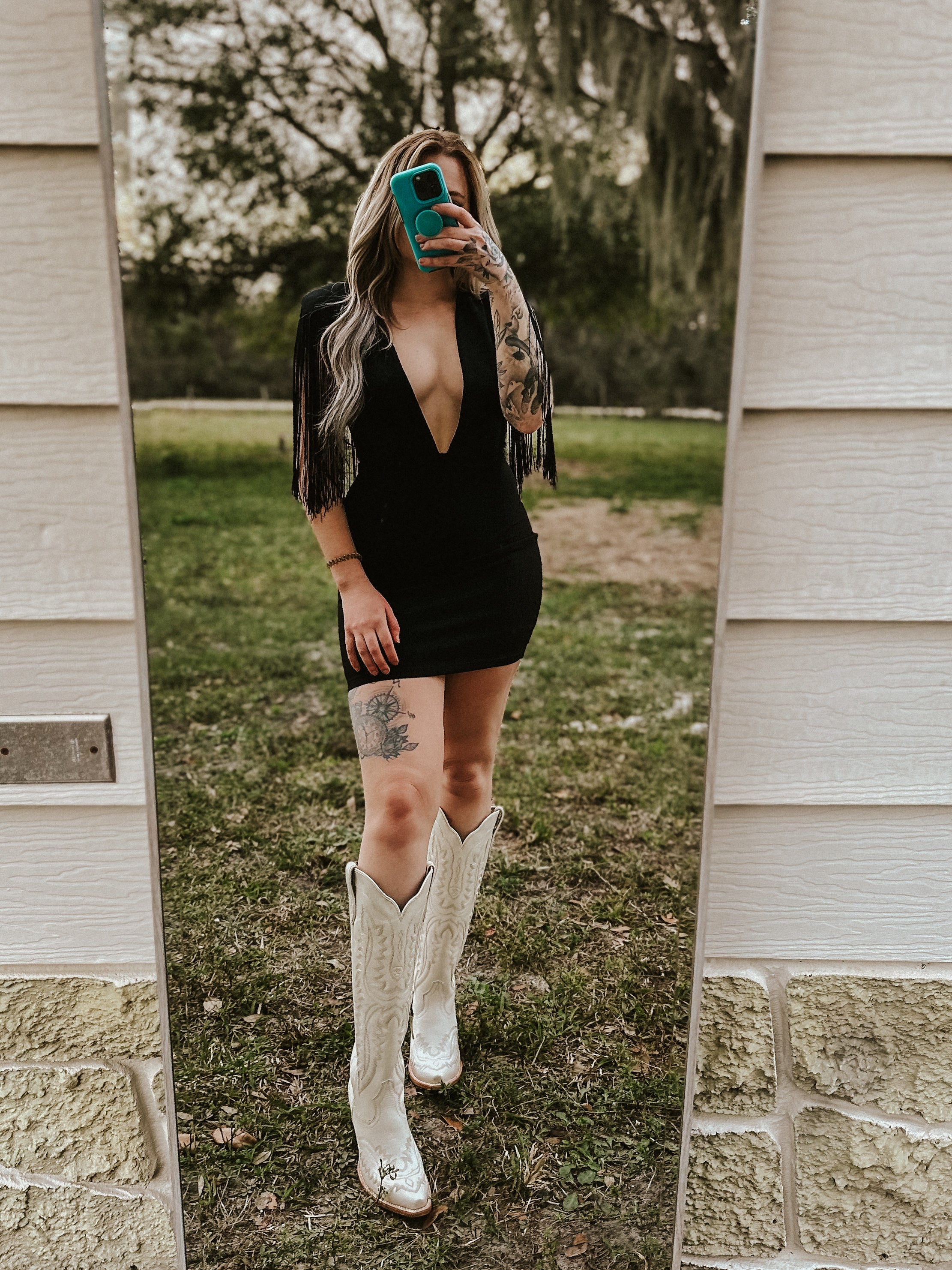 The Dallas Fringe Deep Neck Mini Dress