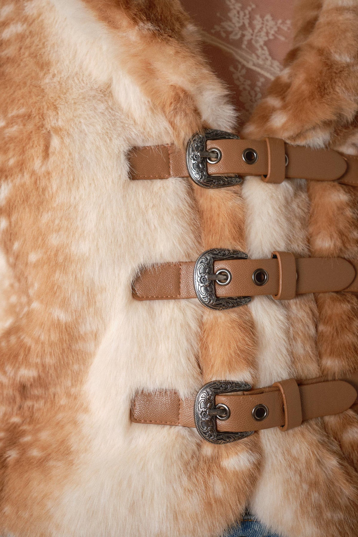 The Audrey Buckled Deer Print Faux Fur Jacket
