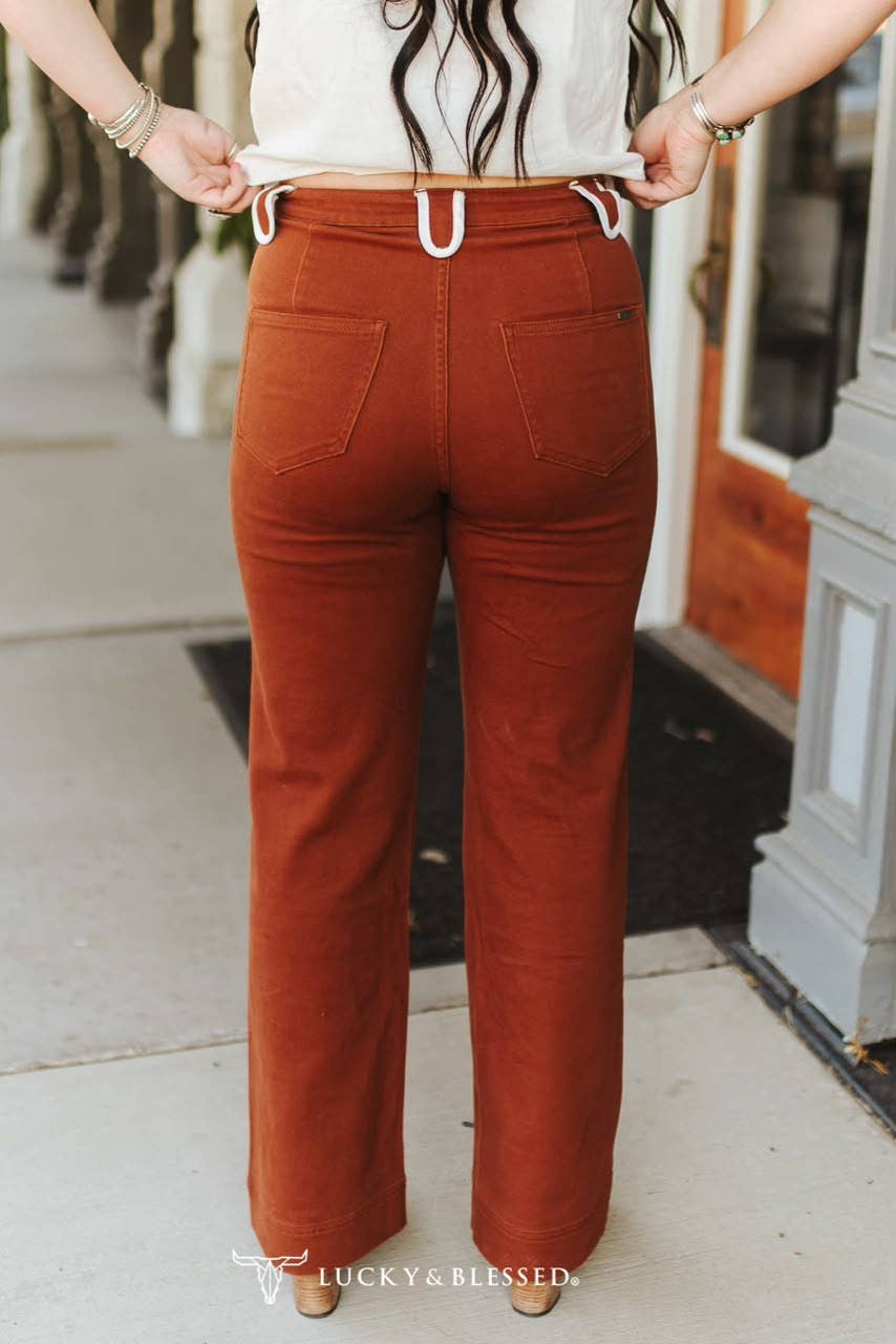 The Hadley Camel Stretch Denim Western Arrow Wide Leg Jeans