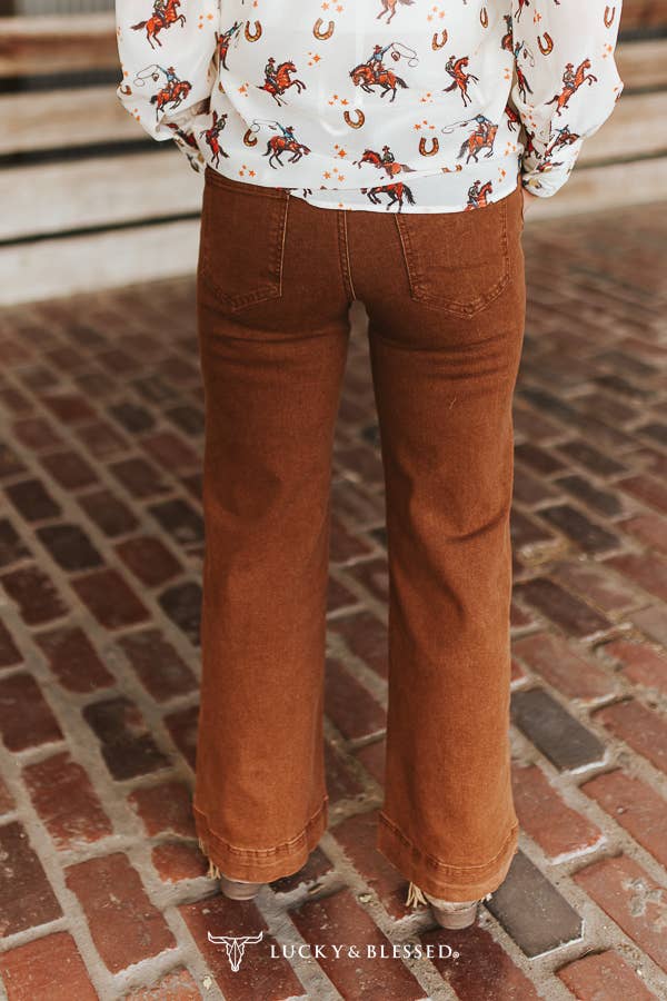 The Hadley Camel Stretch Denim Western Arrow Wide Leg Jeans