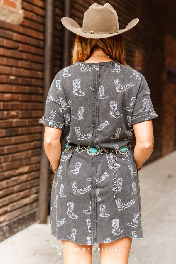 PLUS | The Isla Grey Charcoal Mineral Washed Western Boots Printed Dress XL-3XL