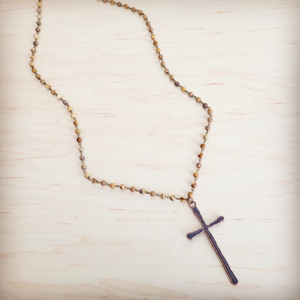 **Genuine Picture Jasper Long Beaded Necklace with Antique Copper Cross 262w