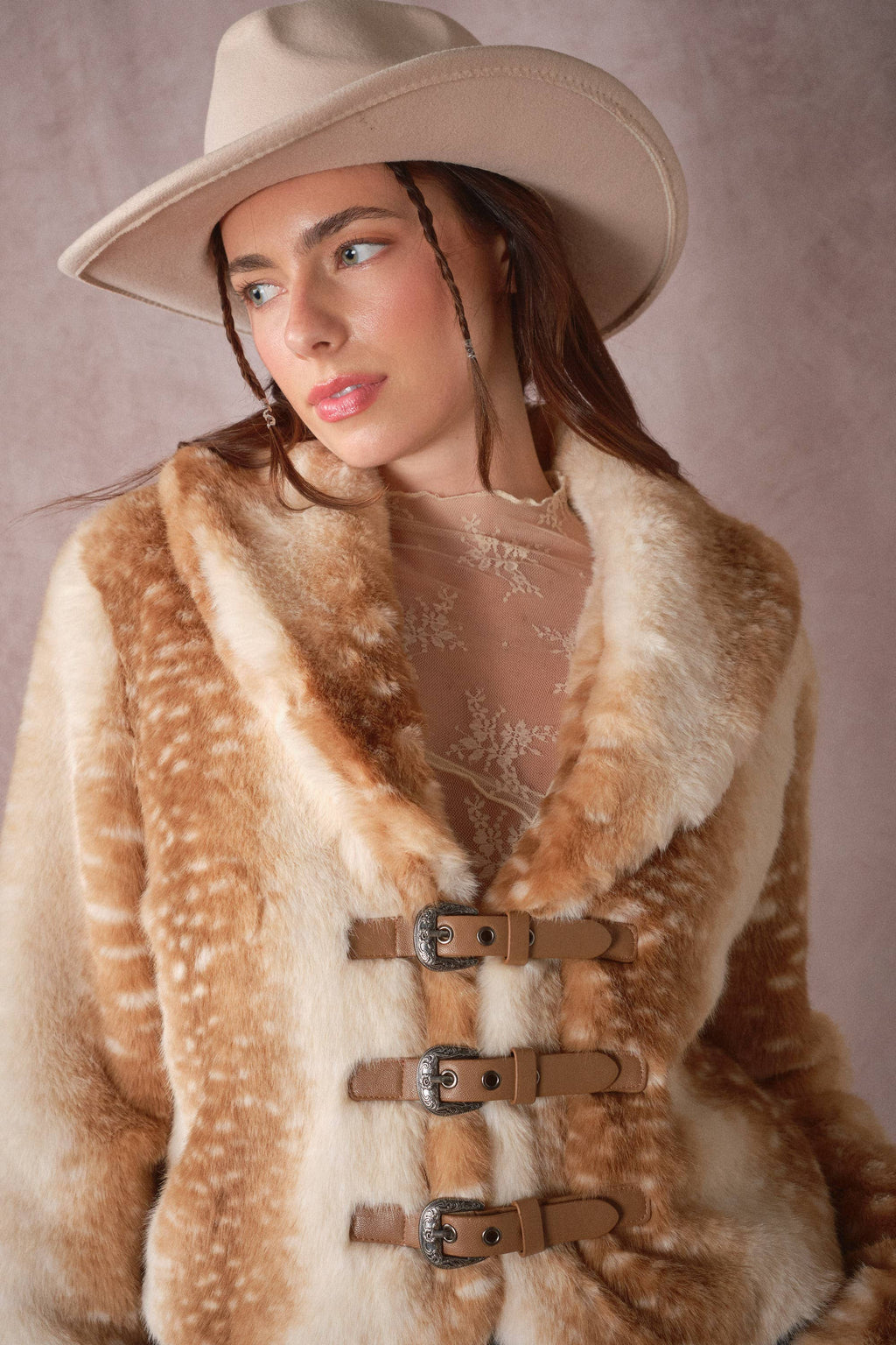 The Audrey Buckled Deer Print Faux Fur Jacket