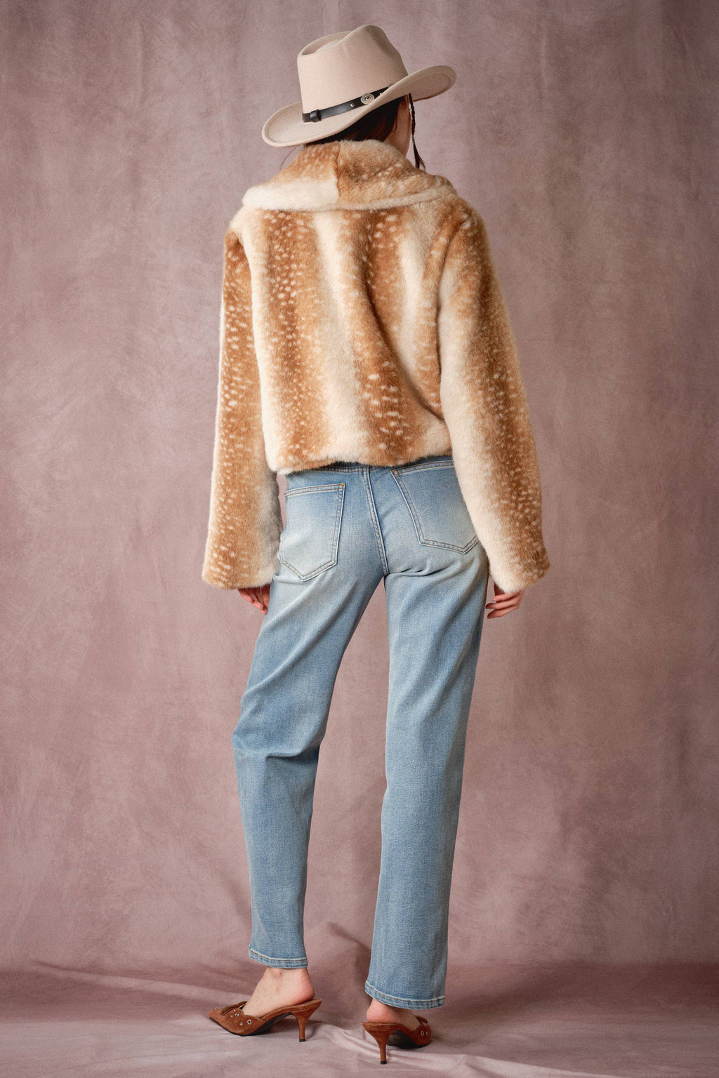 The Audrey Buckled Deer Print Faux Fur Jacket