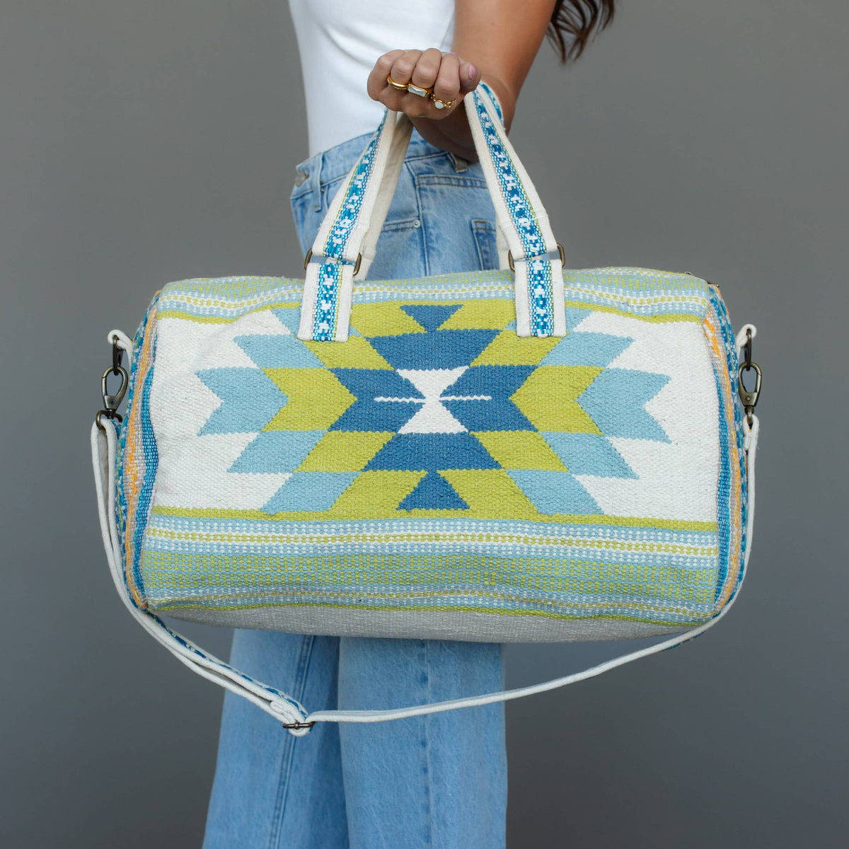 Southwestern Print Cotton Duffel Bag — Cream, Blue & Lime