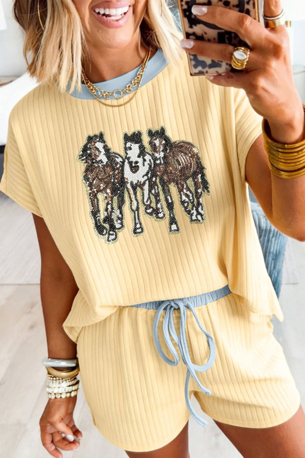 The Chandler Yellow Cream Ribbed Knit Two Piece Set Sequin Horse Casual Short Set