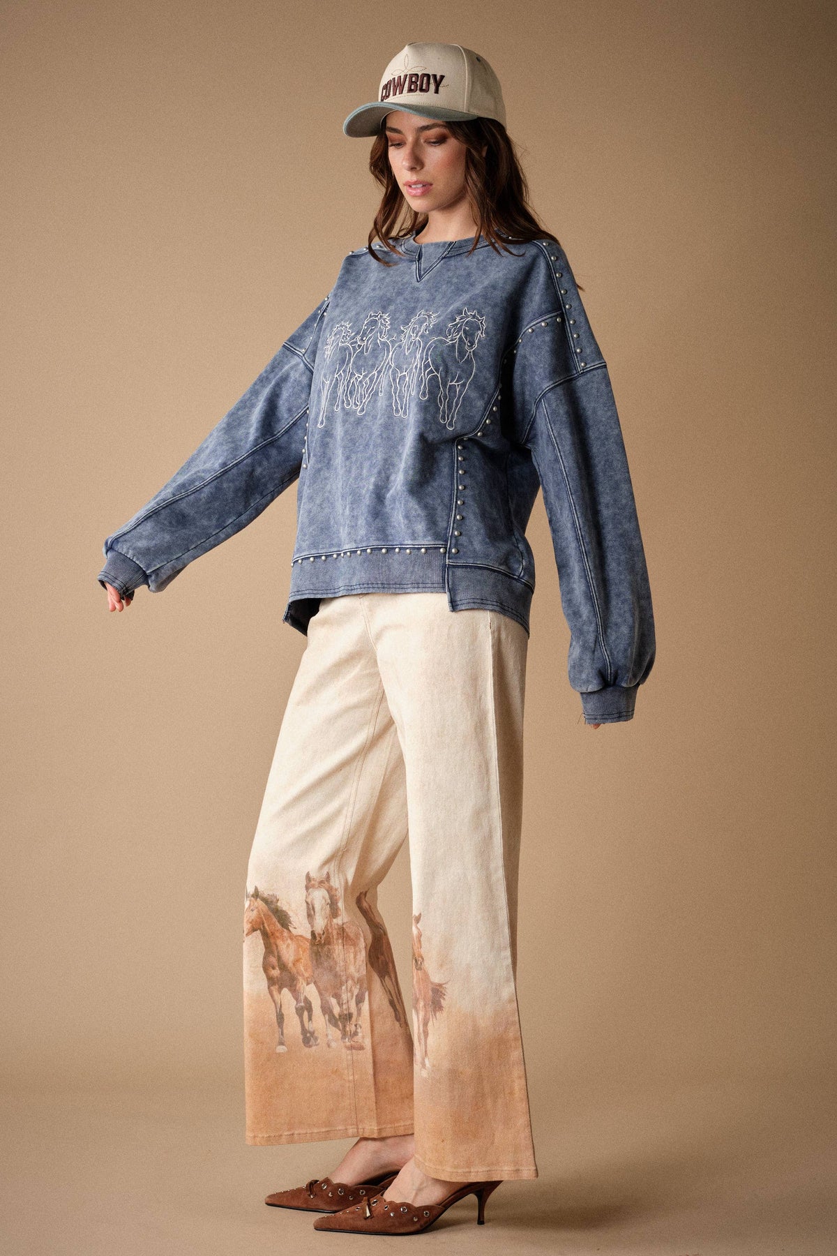 The Brooke Horse Embroidery Stud Sweatshirt