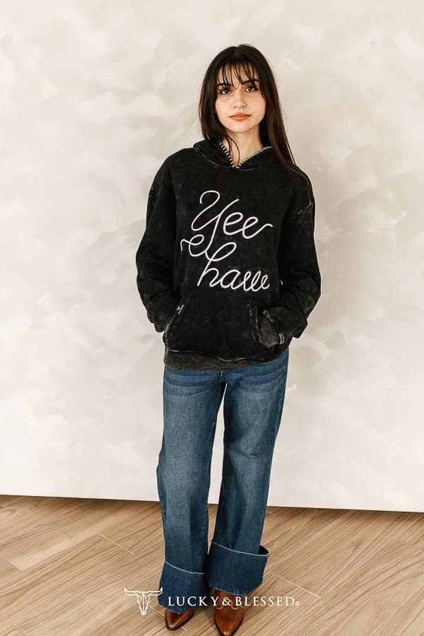 The Frankie Black Mineral Wash Yeehaw Embroidered Detail Hoodie XL-3XL