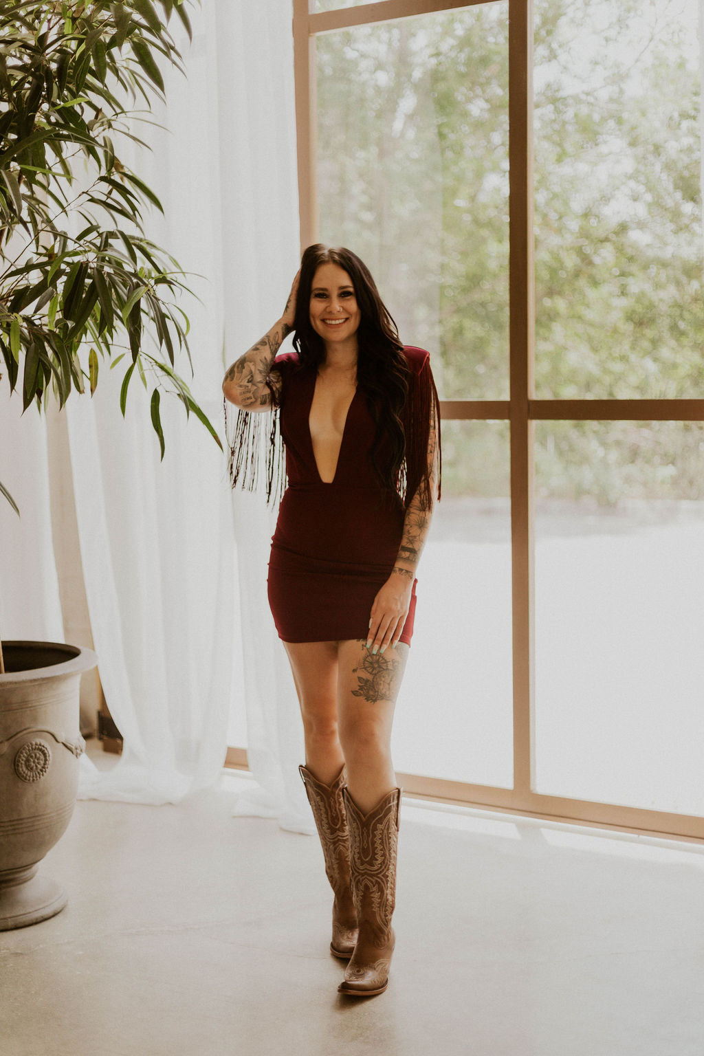 The Dallas Fringe Deep Neck Mini Dress