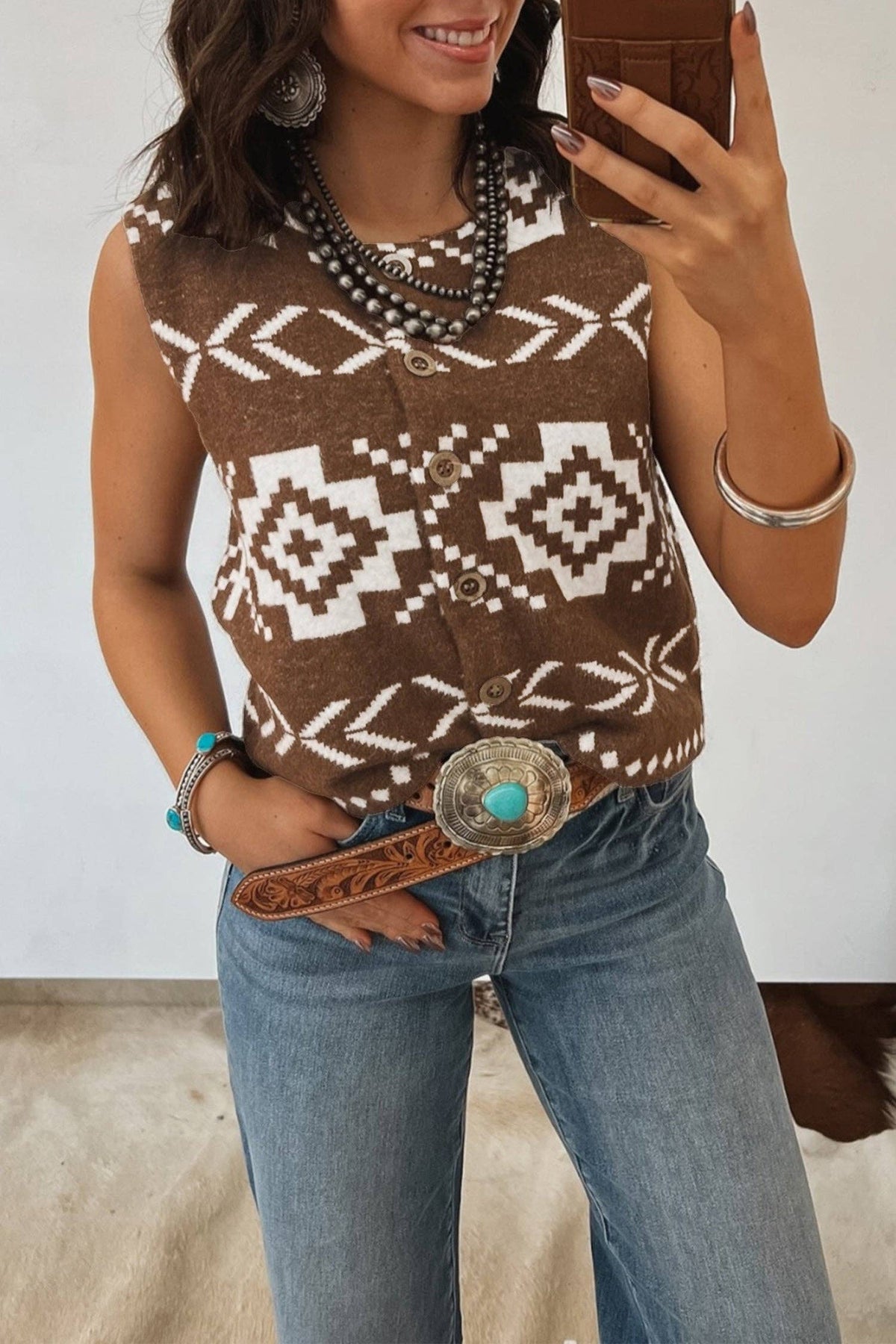 The Briar Brown Southwestern Aztec Button Square Neck Sweater Vest