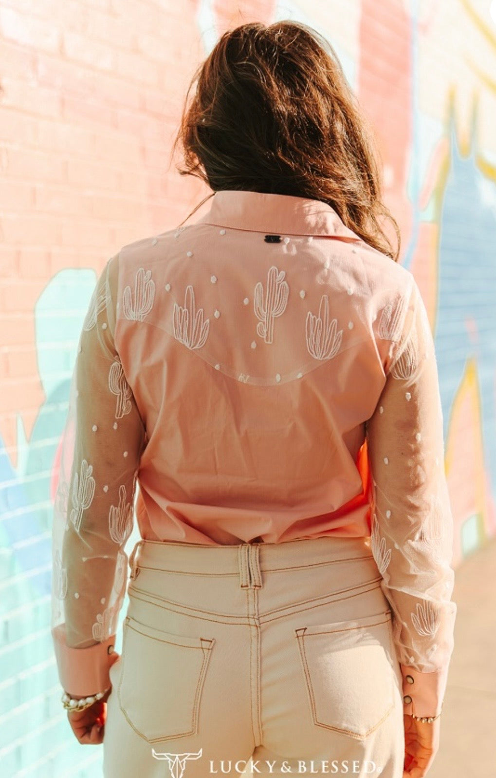 The Bellamy Peach Pearl Snap Mesh Long Sleeve Top