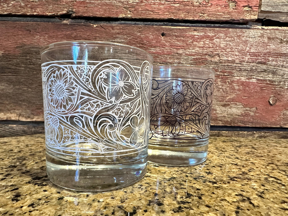 On the Rocks Glass; Floral Tooled Design