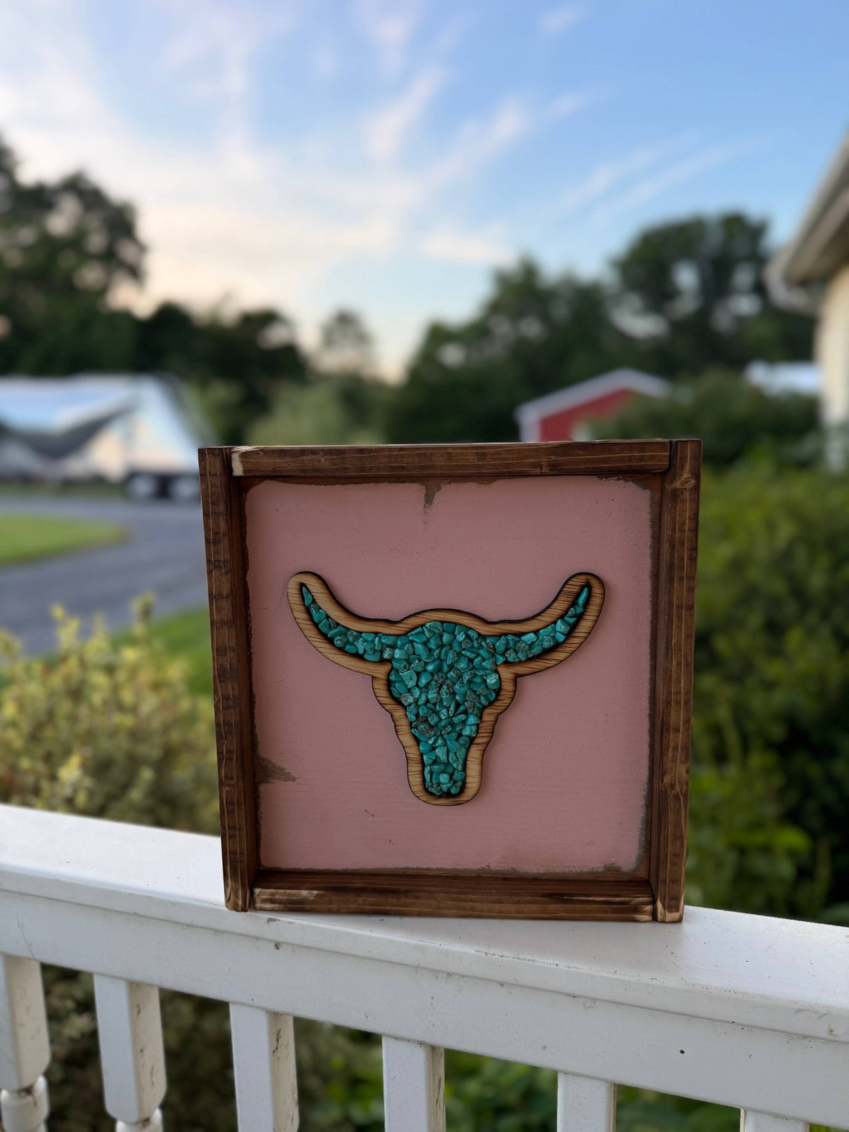 Large Stone Inlay Steer Skull Framed Sign