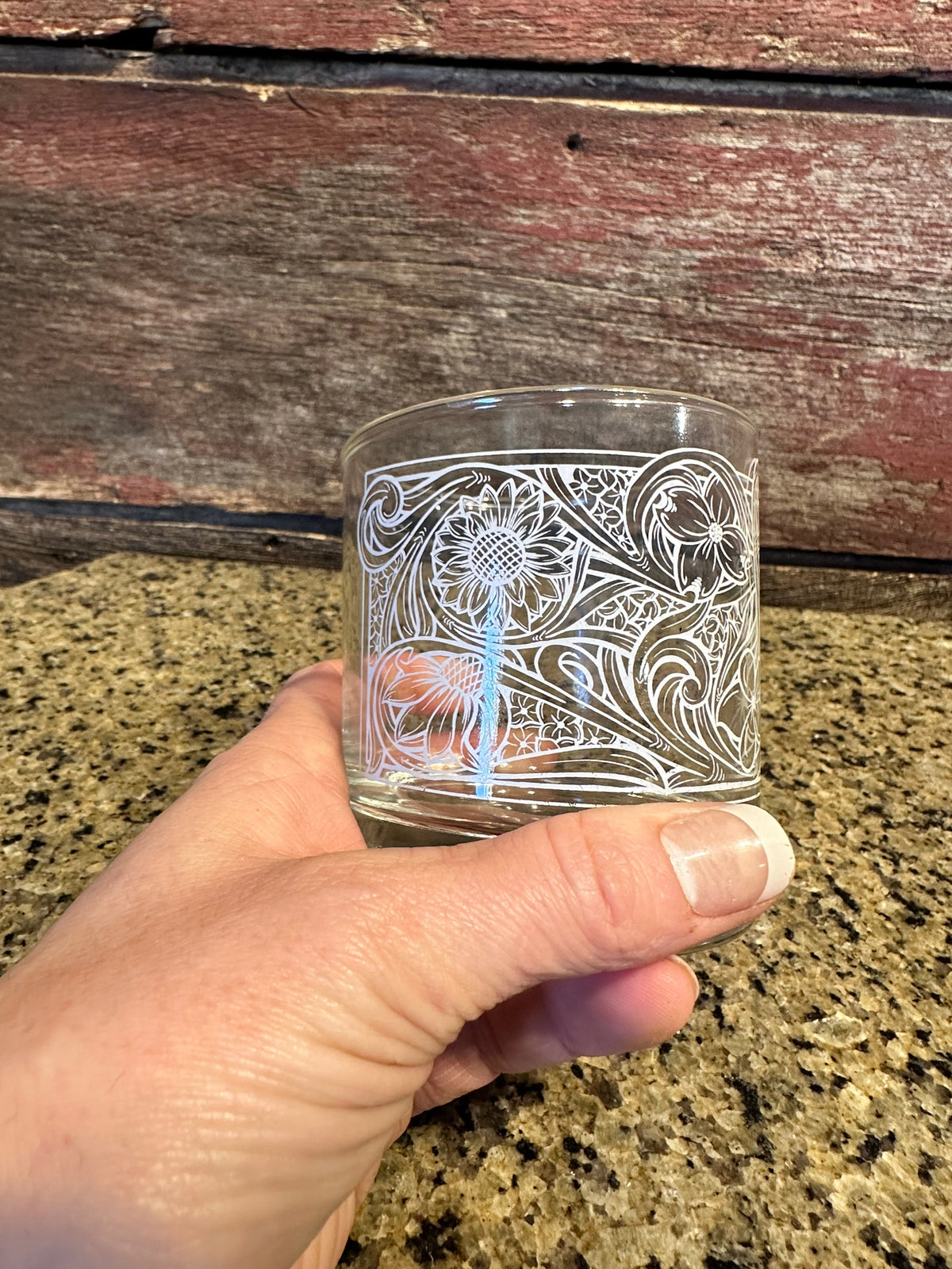 On the Rocks Glass; Floral Tooled Design