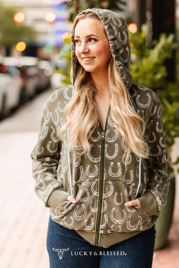 The Genevieve Olive Mineral Wash Horseshoe Printed Zip Up Hooded Sweater