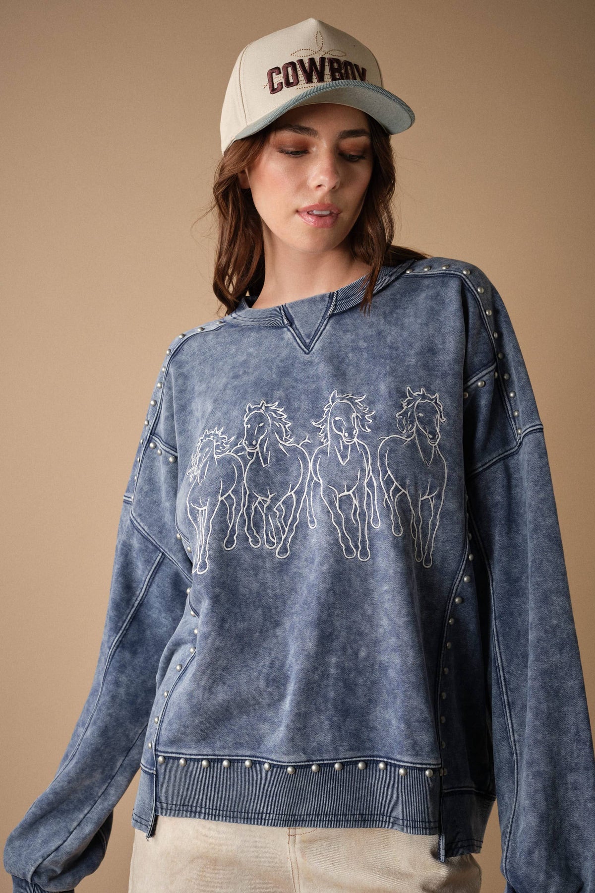 The Brooke Horse Embroidery Stud Sweatshirt