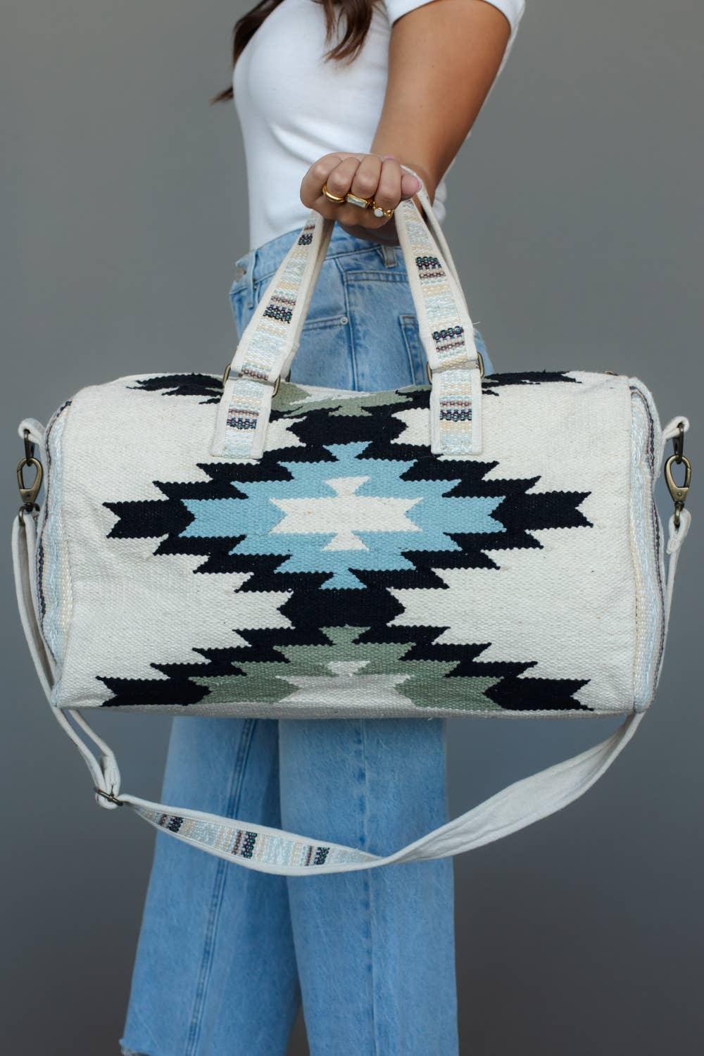White, Black, Lt. Blue & Olive Western Duffel