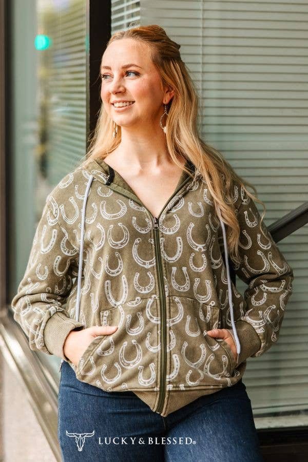 PLUS | The Genevieve Olive Mineral Wash Horseshoe Printed Zip Up Hooded Sweater: XL-3XL
