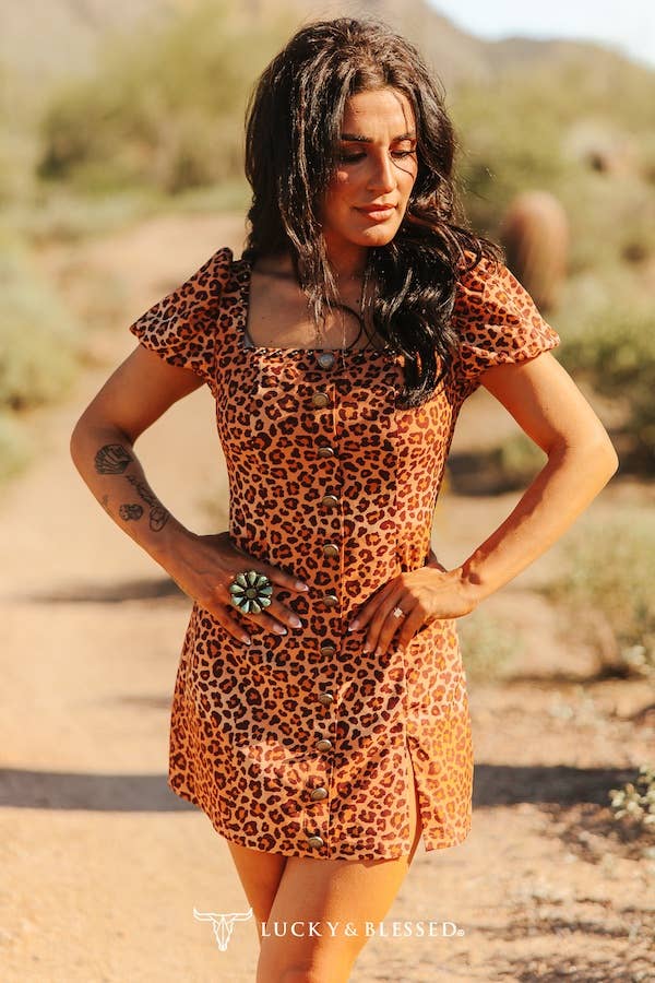 The Josie Leopard Print Western Mini Dress with Puff Sleeves