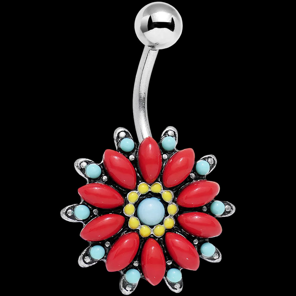 Blue Red Southwestern Holly Holiday Flower Belly Ring
