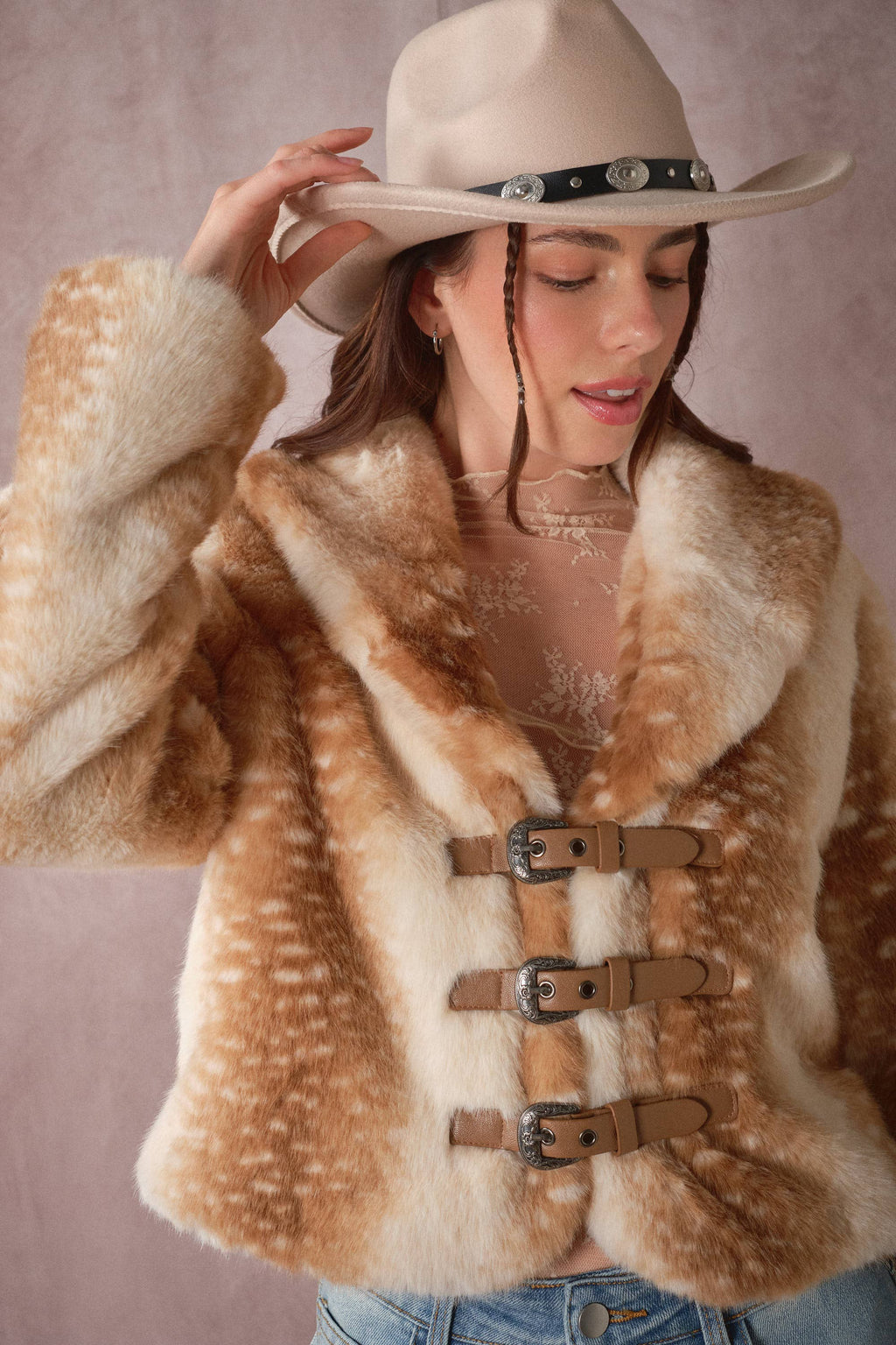 The Audrey Buckled Deer Print Faux Fur Jacket