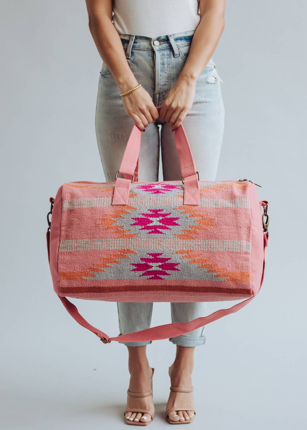 Aztec Print Cotton Duffel Bag — Orange, Pink & Slate