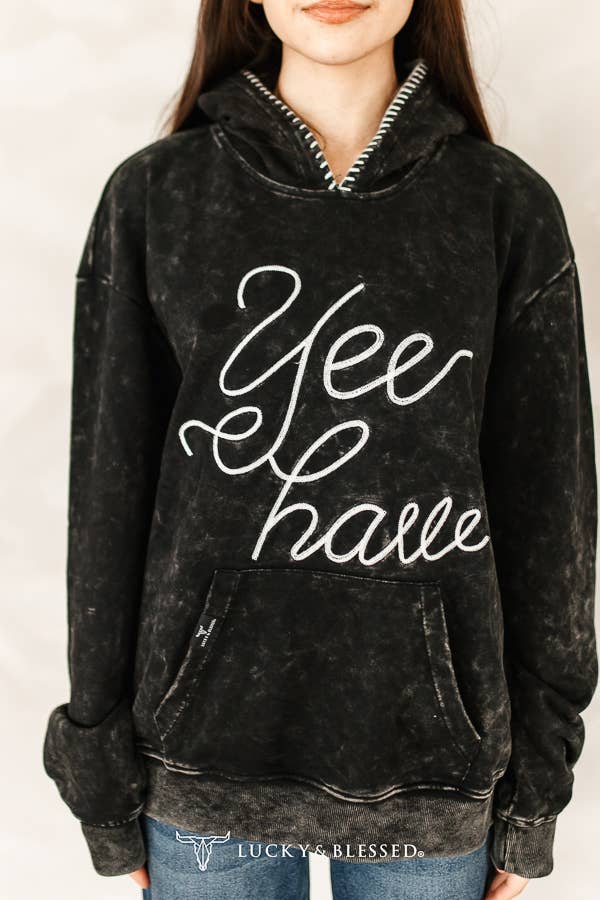 The Frankie Black Mineral Wash Yeehaw Embroidered Detail Hoodie XL-3XL